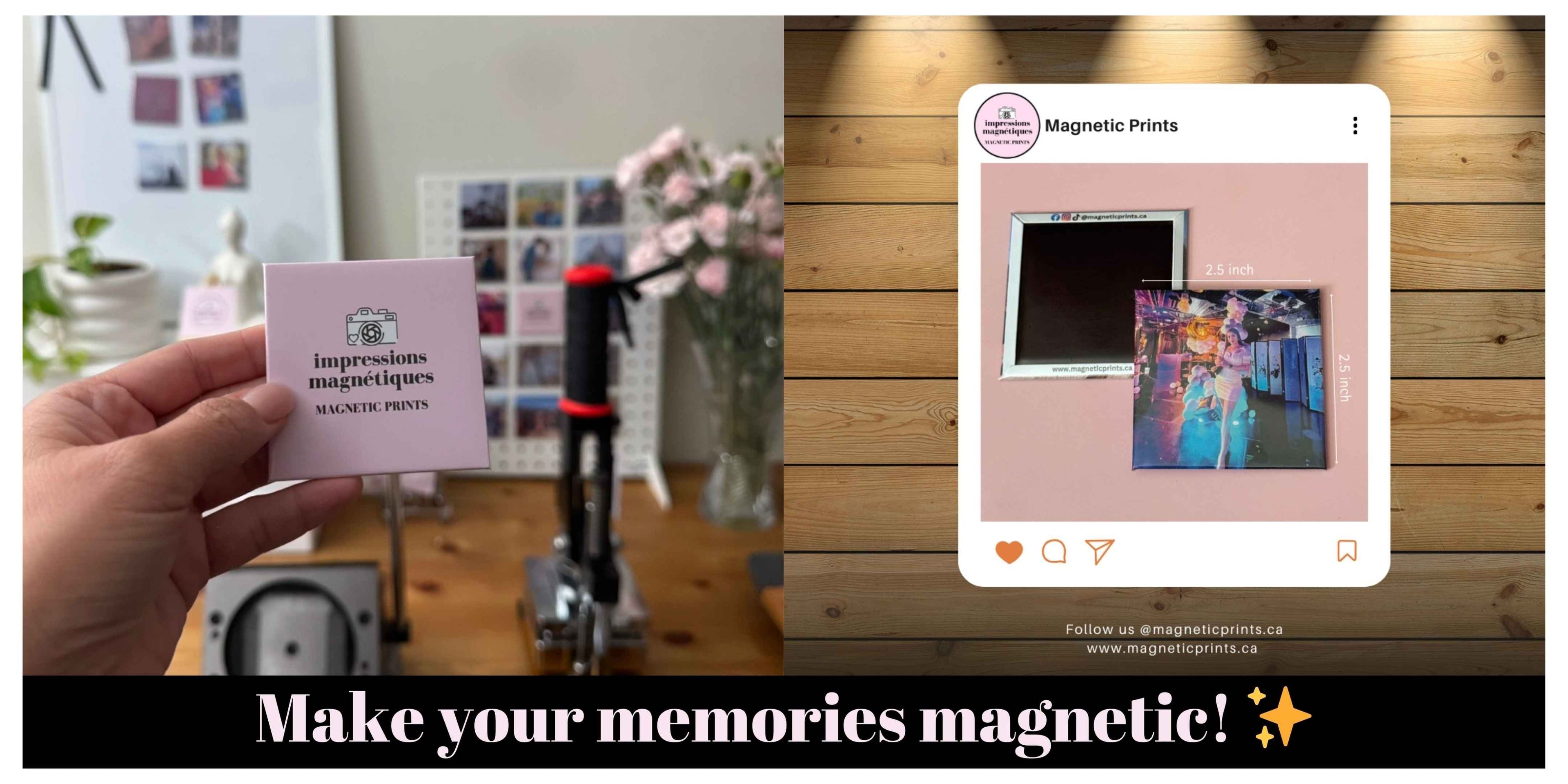 Hand holding a photo magnet with business name in a blurred background, alongside an Instagram-style display.